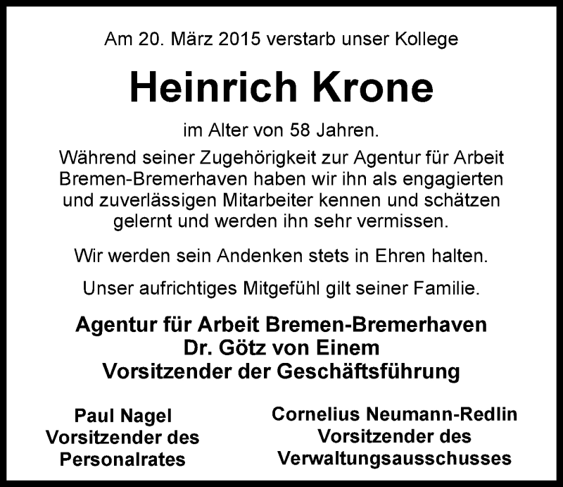  Traueranzeige für Heinrich Krone vom 27.03.2015 aus Nordwest-Zeitung
