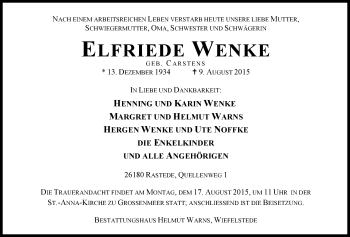 Traueranzeige von Elfriede Wenke von Nordwest-Zeitung