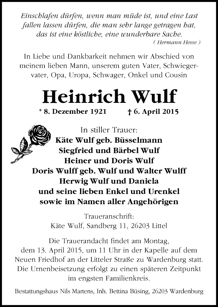  Traueranzeige für Heinrich Wulf vom 09.04.2015 aus Nordwest-Zeitung