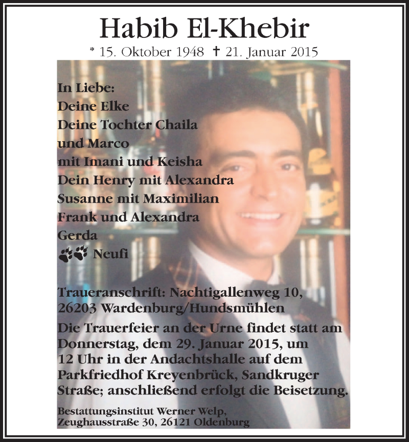  Traueranzeige für Habib El-Khebir vom 26.01.2015 aus Nordwest-Zeitung
