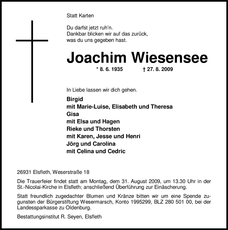  Traueranzeige für Joachim Wiesensee vom 28.08.2009 aus Nordwest-Zeitung