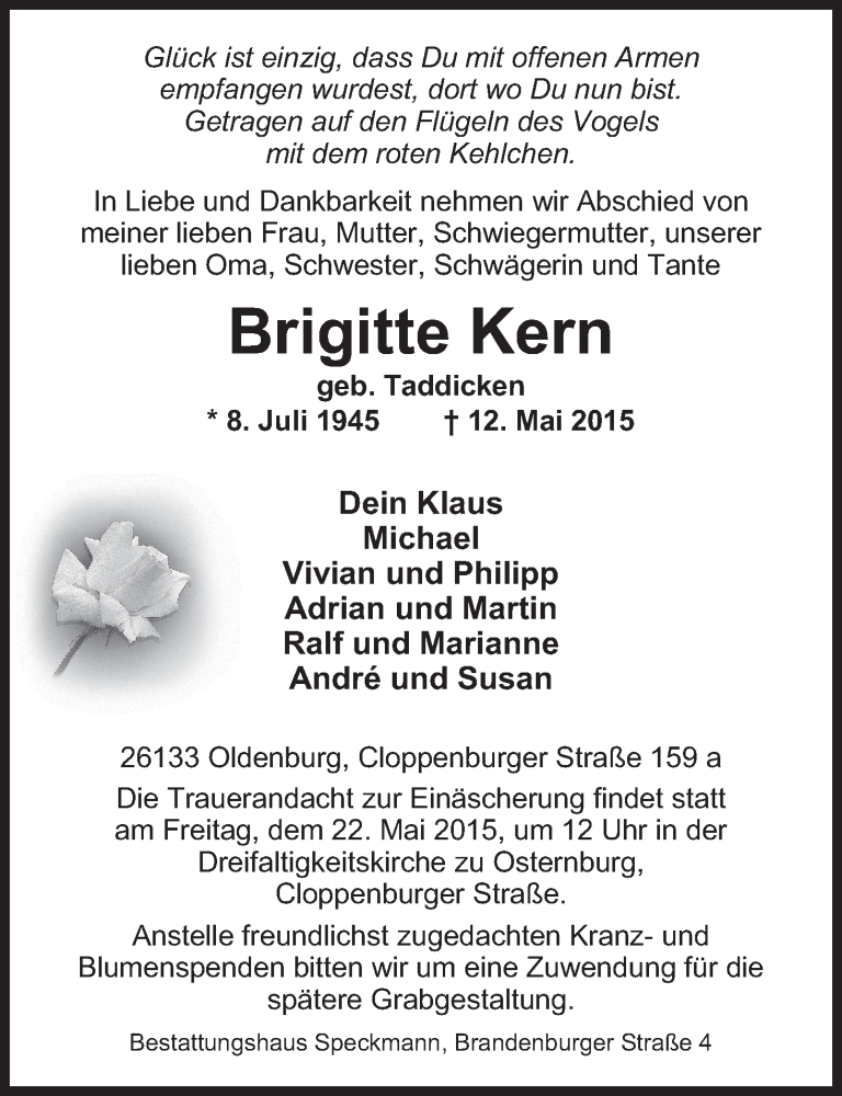  Traueranzeige für Brigitte Kern vom 16.05.2015 aus Nordwest-Zeitung