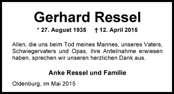 Traueranzeige von Gerhard Ressel von Nordwest-Zeitung