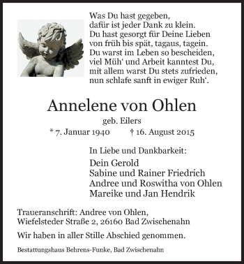Traueranzeige von Annelene von Ohlen von Nordwest-Zeitung