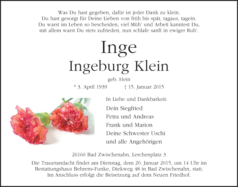  Traueranzeige für Ingeburg Klein vom 17.01.2015 aus Nordwest-Zeitung
