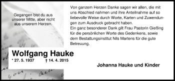 Traueranzeige von Wolfgang Hauke von Nordwest-Zeitung