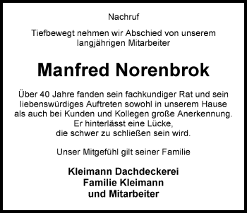 Traueranzeige von Manfred Norenbrok von Nordwest-Zeitung