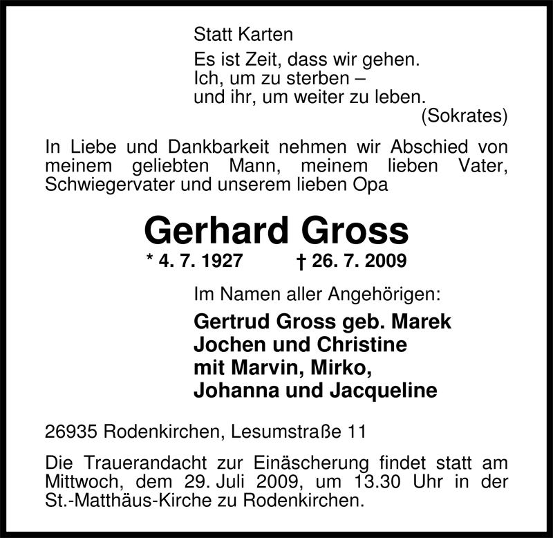  Traueranzeige für Gerhard Gross vom 28.07.2009 aus Nordwest-Zeitung