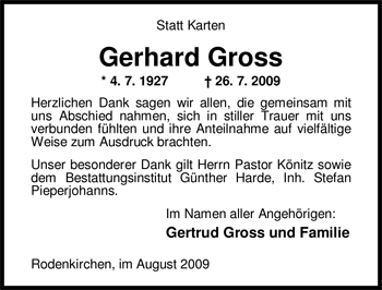 Traueranzeige von Gerhard Gross von Nordwest-Zeitung