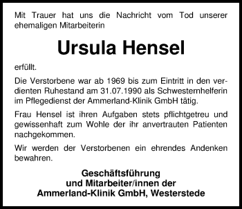 Traueranzeige von Ursula Hensel von Nordwest-Zeitung