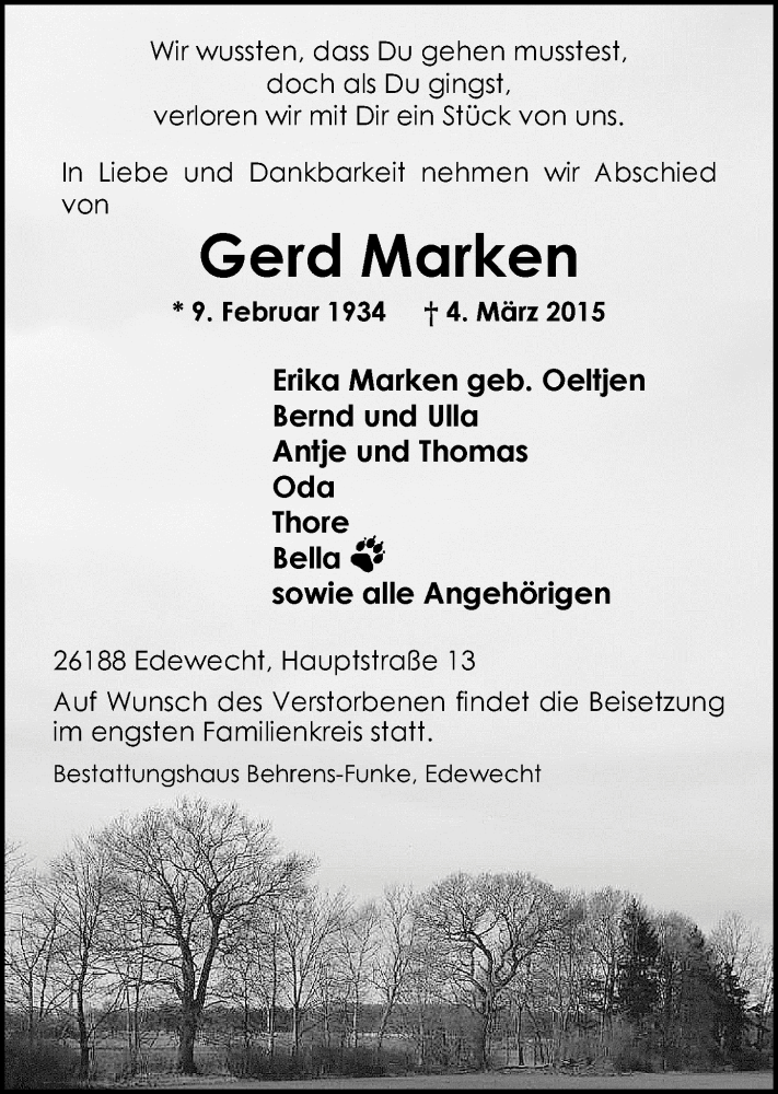  Traueranzeige für Gerd Marken vom 07.03.2015 aus Nordwest-Zeitung