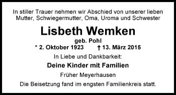 Traueranzeige von Lisbeth Wemken von Nordwest-Zeitung