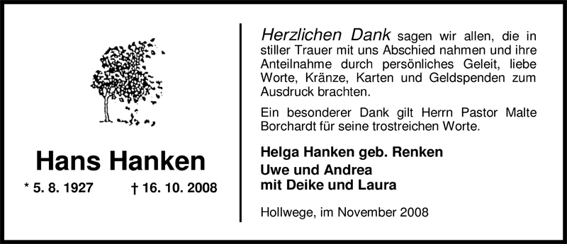  Traueranzeige für Hans Hanken vom 14.11.2008 aus Nordwest-Zeitung