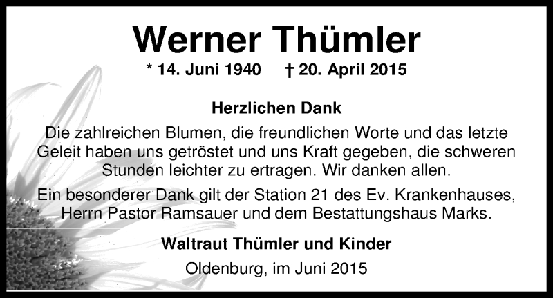  Traueranzeige für Werner Thümler vom 13.06.2015 aus Nordwest-Zeitung