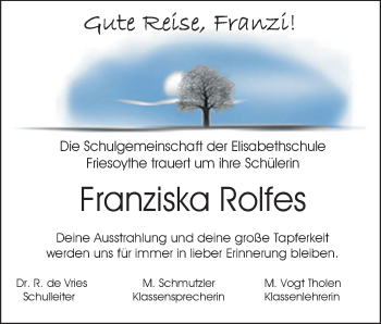 Traueranzeige von Franziska Rolfes von Nordwest-Zeitung