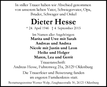 Traueranzeige von Dieter Hesse von Nordwest-Zeitung