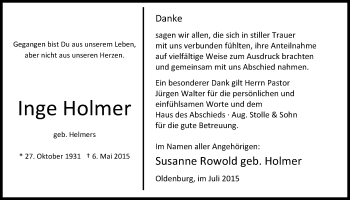 Traueranzeige von Inge Holmer von Nordwest-Zeitung