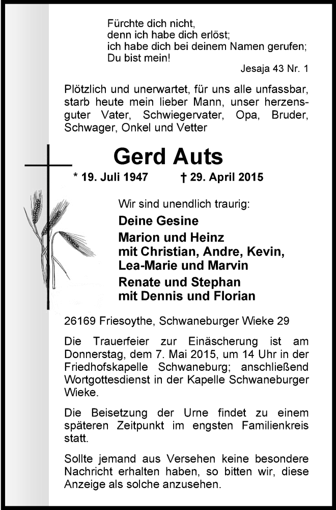  Traueranzeige für Gerd Auts vom 02.05.2015 aus Nordwest-Zeitung