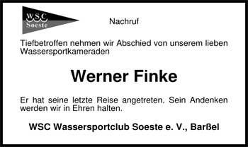 Traueranzeige von Werner Finke von Nordwest-Zeitung