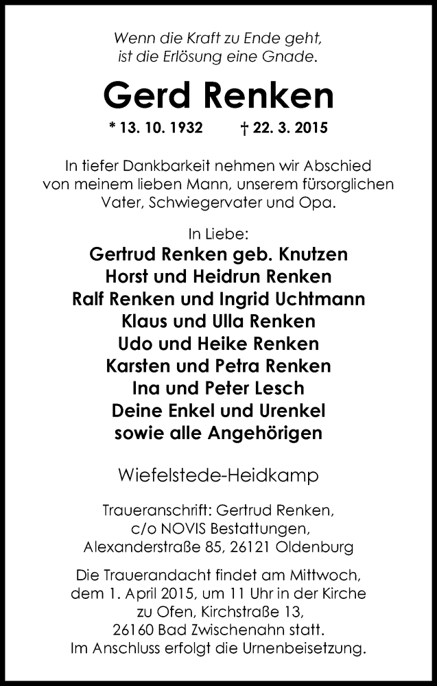  Traueranzeige für Gerd Renken vom 28.03.2015 aus Nordwest-Zeitung
