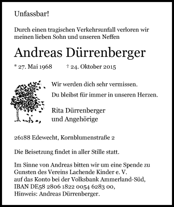 Traueranzeige von Andreas Dürrenberger von Nordwest-Zeitung