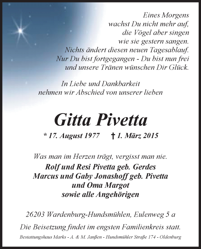  Traueranzeige für Gitta Pivetta vom 05.03.2015 aus Nordwest-Zeitung