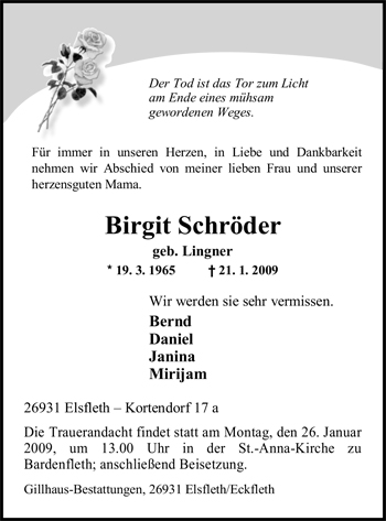 Traueranzeige von Birgit Schröder von Nordwest-Zeitung