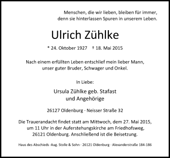 Traueranzeige von Ulrich Zühlke von Nordwest-Zeitung