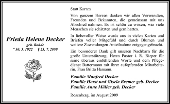 Traueranzeige von Frieda Helene Decker von Nordwest-Zeitung