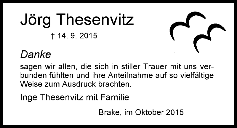  Traueranzeige für Jörg Thesenvitz vom 24.10.2015 aus Nordwest-Zeitung