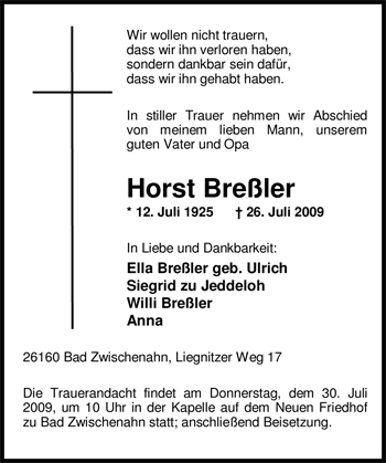 Traueranzeige von Horst Breßler von Nordwest-Zeitung