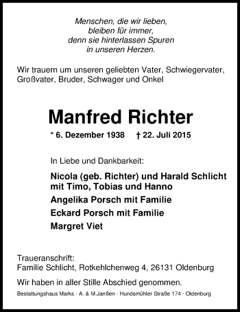 Traueranzeige von Manfred Richter von Nordwest-Zeitung