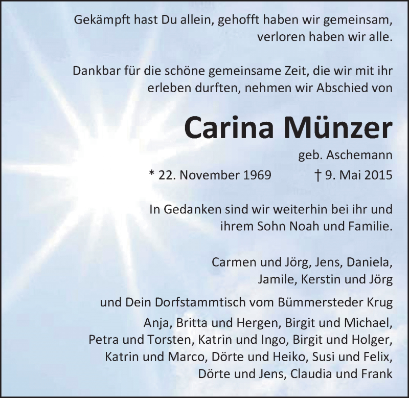  Traueranzeige für Carina Münzer vom 13.05.2015 aus Nordwest-Zeitung