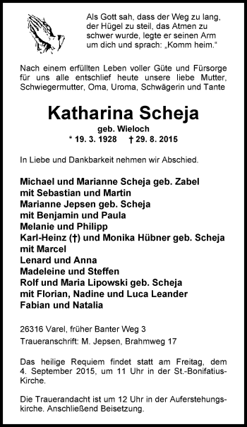 Traueranzeige von Katharina Scheja von Nordwest-Zeitung