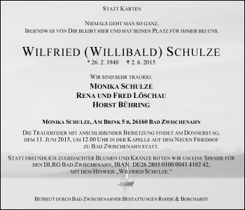 Traueranzeige von Wilfried (Willibald) Schulze von Nordwest-Zeitung