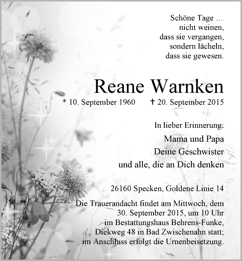  Traueranzeige für Reane Warnken vom 26.09.2015 aus Nordwest-Zeitung