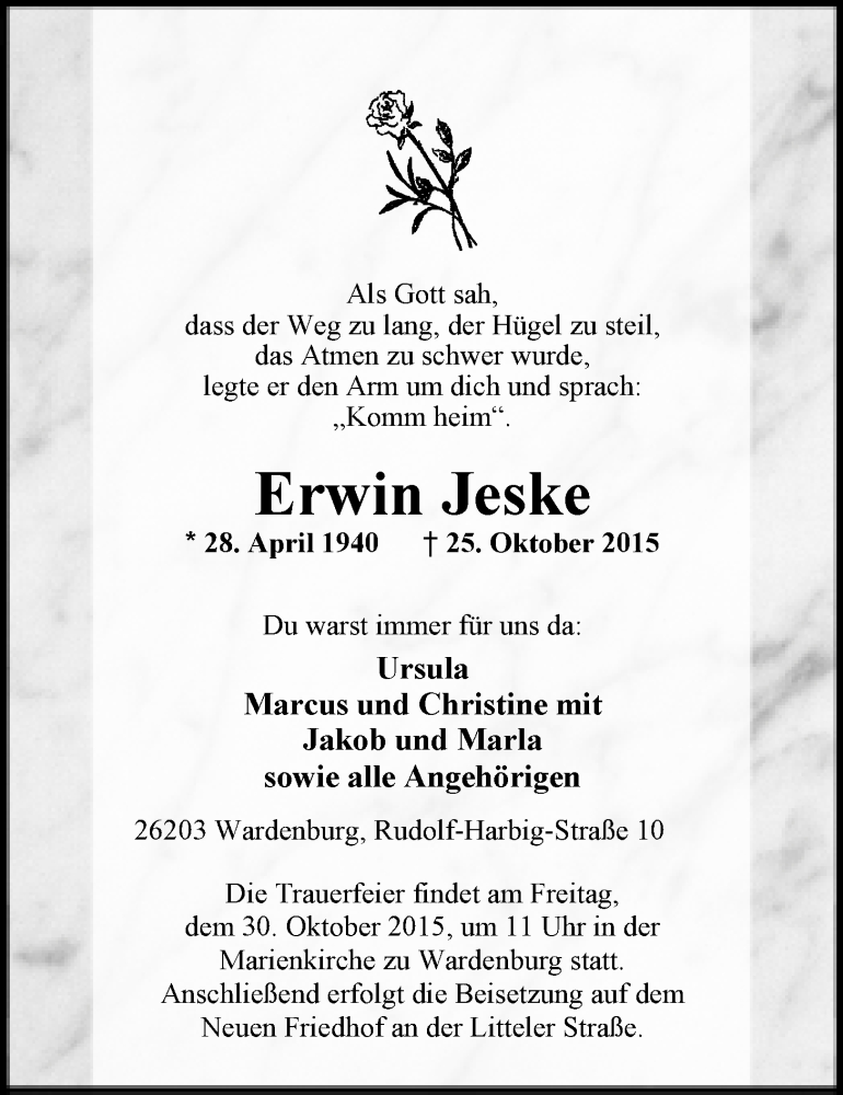  Traueranzeige für Erwin Jeske vom 28.10.2015 aus Nordwest-Zeitung