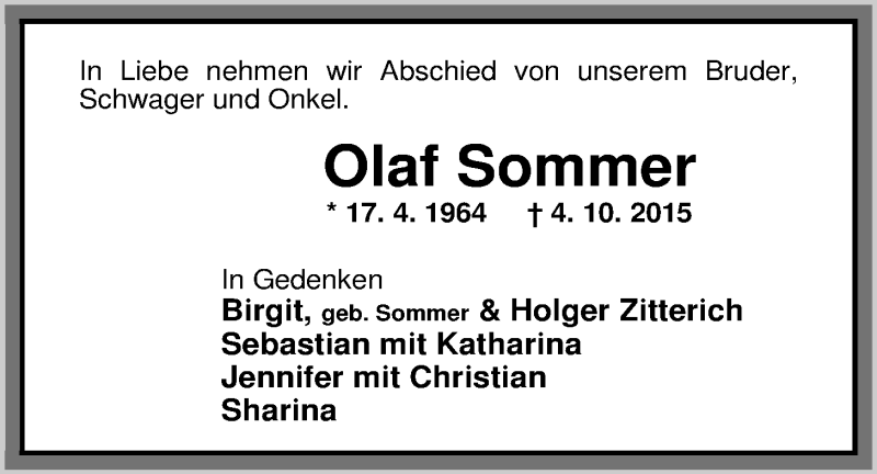  Traueranzeige für Olaf Sommer vom 08.10.2015 aus Nordwest-Zeitung