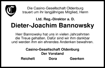 Traueranzeige von Dieter-Joachim Bannowsky von Nordwest-Zeitung