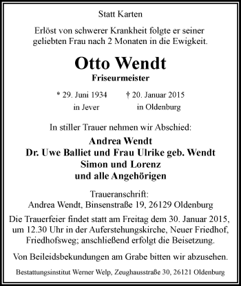 Traueranzeige von Otto Wendt von Nordwest-Zeitung