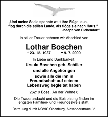 Traueranzeige von Lothar Boschen von Nordwest-Zeitung