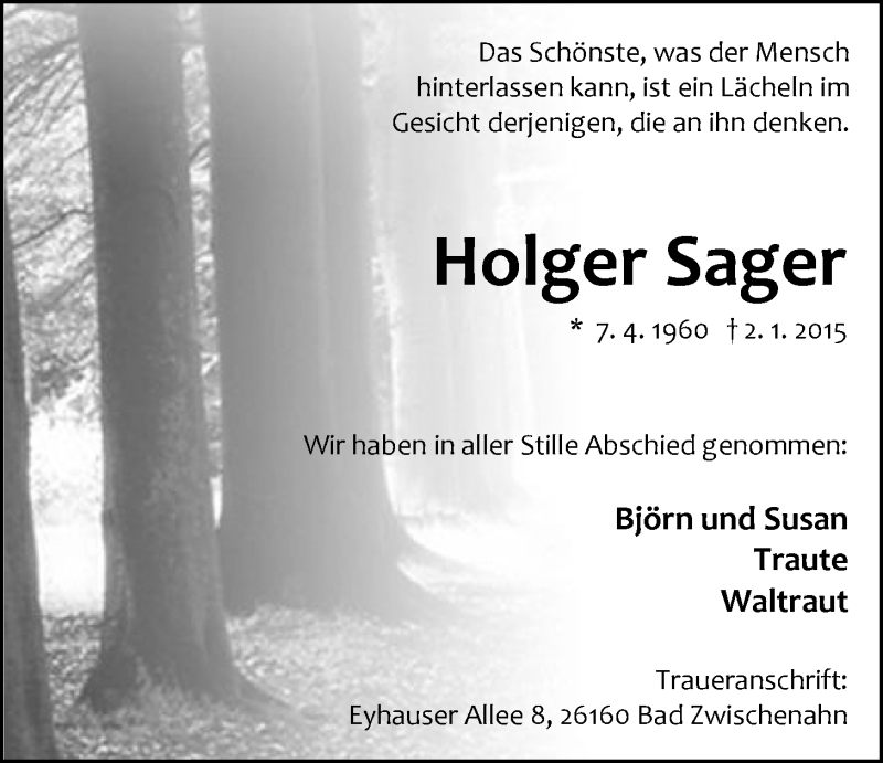  Traueranzeige für Holger Sager vom 31.01.2015 aus Nordwest-Zeitung