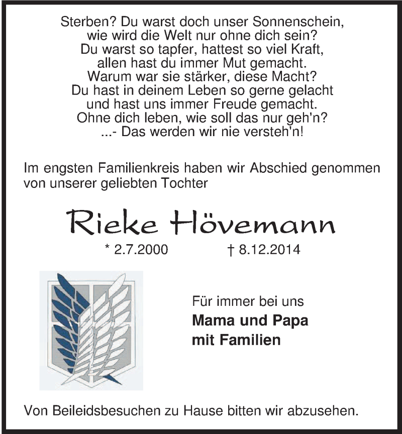  Traueranzeige für Rieke Hövemann vom 19.12.2014 aus Nordwest-Zeitung