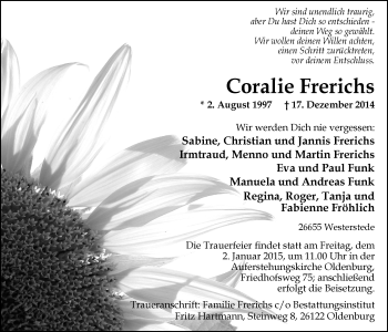 Traueranzeige von Coralie Frerichs von Nordwest-Zeitung