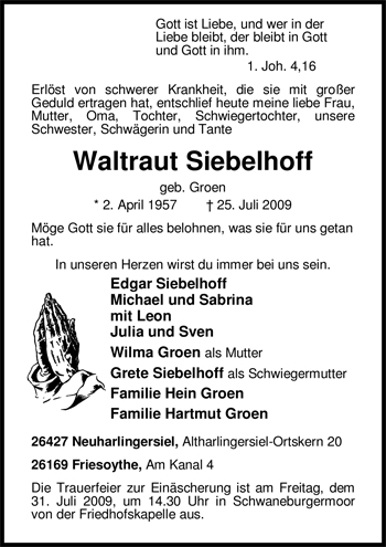 Traueranzeige von Waltraut Siebelhoff von Nordwest-Zeitung