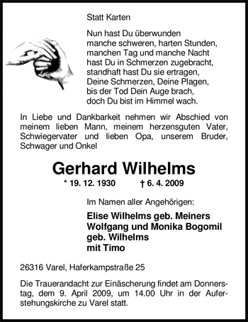 Traueranzeige von Gerhard Wilhelms von Nordwest-Zeitung