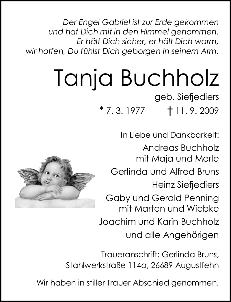  Traueranzeige für Tanja Buchholz vom 19.09.2009 aus Nordwest-Zeitung