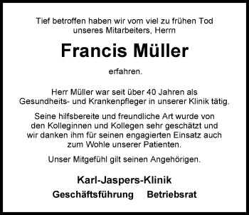 Traueranzeige von Francis Müller von Nordwest-Zeitung