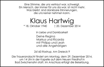 Traueranzeige von Klaus Hartwig von Nordwest-Zeitung