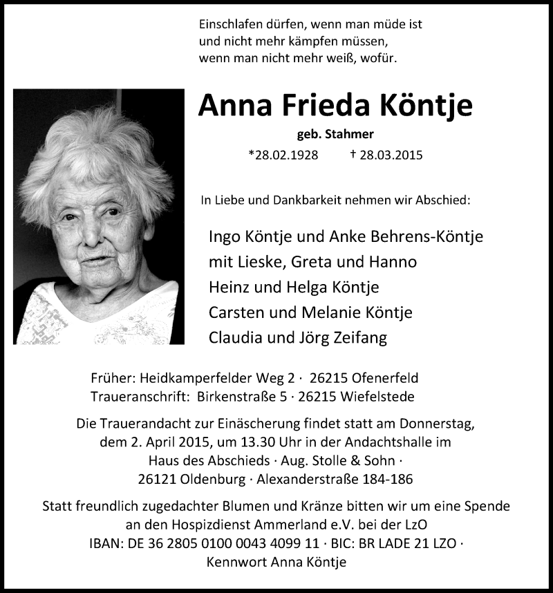  Traueranzeige für Anna Frieda Köntje vom 31.03.2015 aus Nordwest-Zeitung